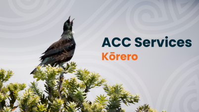 A tui signing from a tree, text says ACC Korero